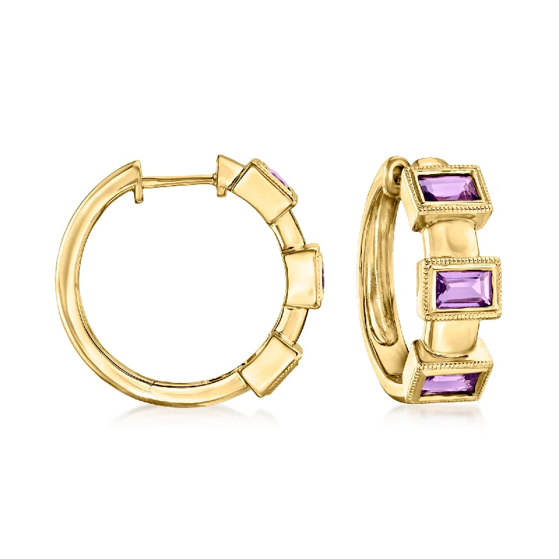 Affordable Luxury Jewelry – Style At A Great Price Ross-Simons Amethyst 3-Stone Hoop Earrings in 18kt Gold Over Sterling Affordable Luxury Jewelry – Style At A Great Price Ross-Simons Amethyst 3-Stone Hoop Earrings in 18kt Gold Over Sterling