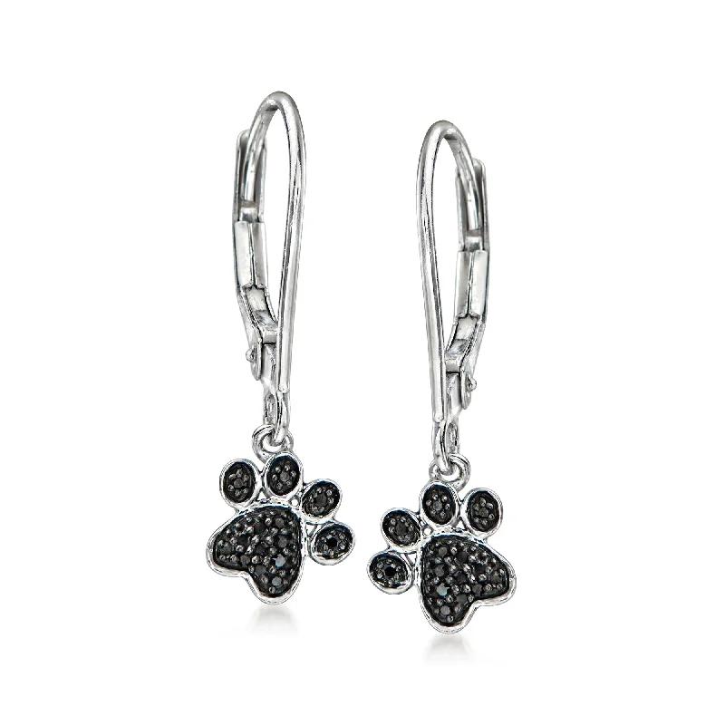 Ross-Simons Black Diamond-Accented Paw Print Drop Earrings in Sterling Silver