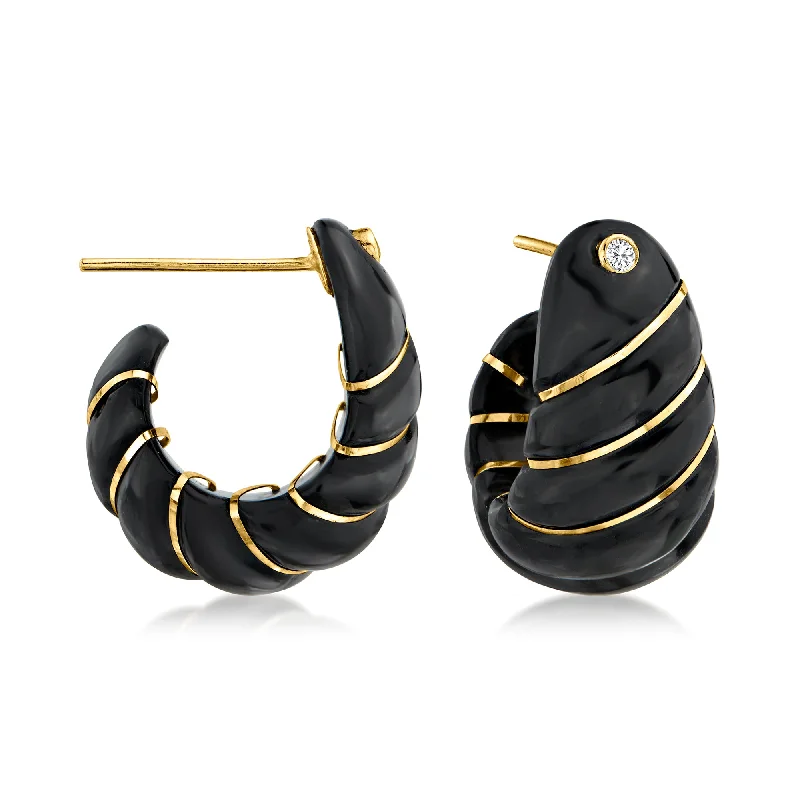 Ross-Simons Black Jade and . White Topaz J-Hoop Earrings With 14kt Yellow Gold