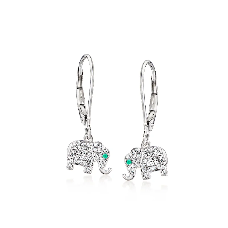 Shop Fine Jewelry With Amazing Deals Ross-Simons Diamond Elephant Drop Earrings With Emerald Accents in Sterling Silver