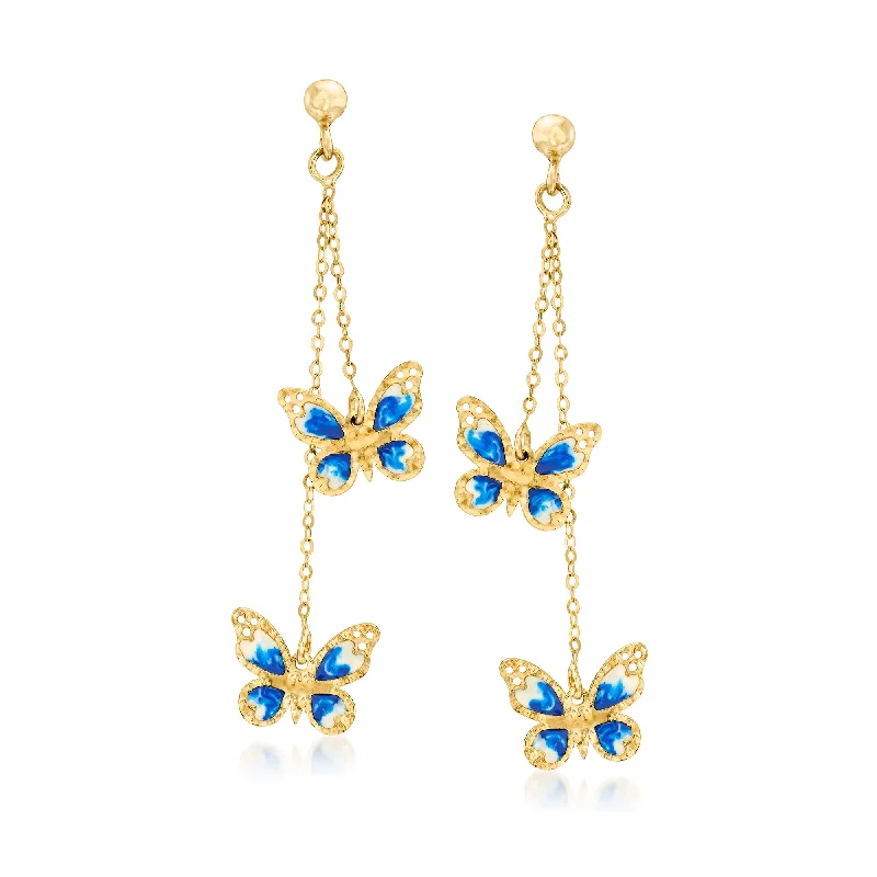 Fashion-Forward Jewelry At Exclusive Discounts Ross-Simons Italian Blue and White Enamel Butterfly Drop Earrings in 14kt Yellow Gold