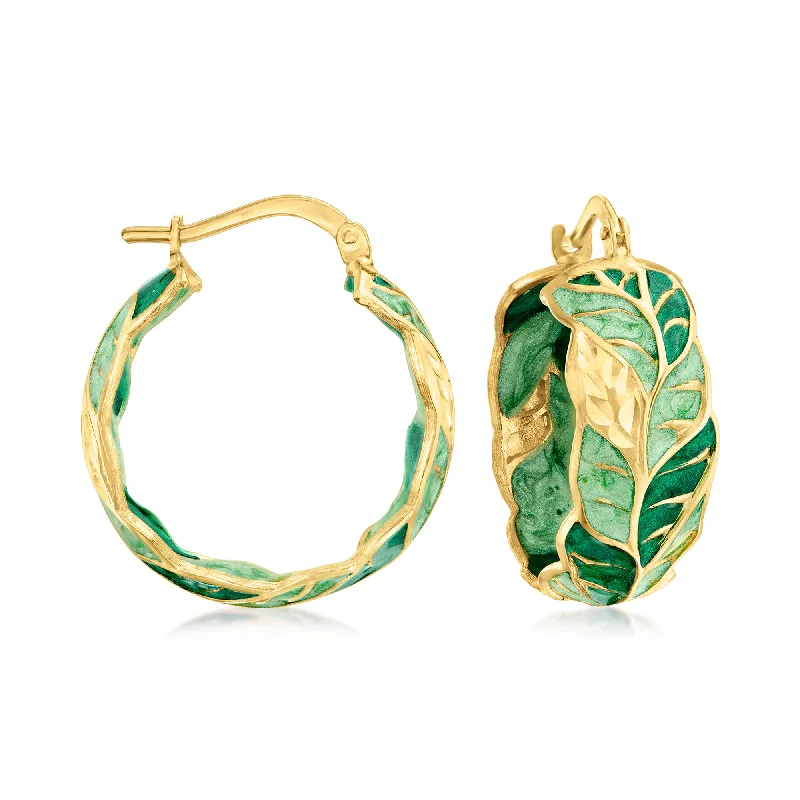 Fashion-Forward Geometric Jewelry For Contemporary Style Ross-Simons Italian Green Enamel Leaf Vine Hoop Earrings in 14kt Yellow Gold