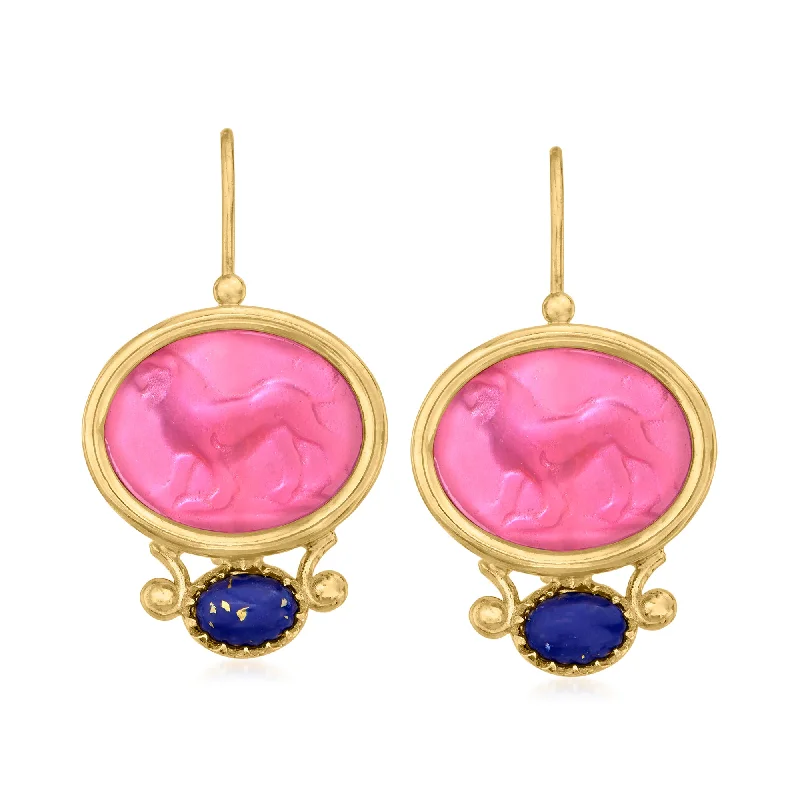 Your Dream Jewelry At Dream Prices Ross-Simons Italian Lapis and Pink Glass Lion Drop Earrings in 18kt Gold Over Sterling
