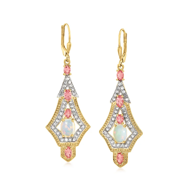 Ross-Simons Opal, Pink Tourmaline and White Topaz Drop Earrings in 18kt Gold Over Sterling