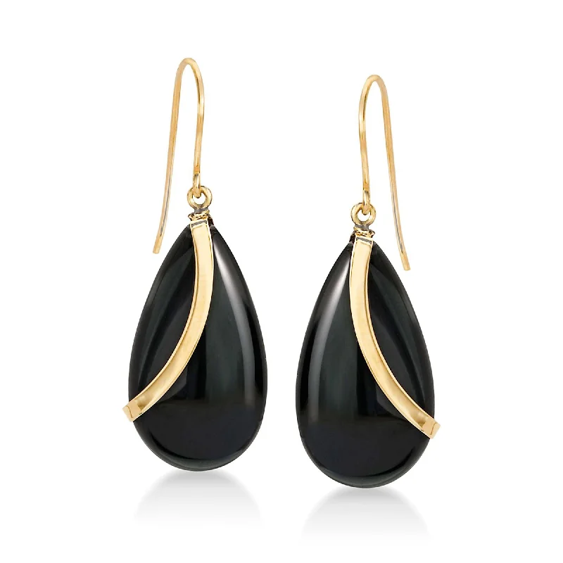 Ross-Simons Pear-Shaped Black Onyx Drop Earrings in 14kt Yellow Gold