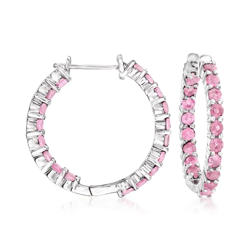 Timeless Elegance At Unbelievable Discounts Ross-Simons Pink Tourmaline Inside-Outside Hoop Earrings in Sterling Silver