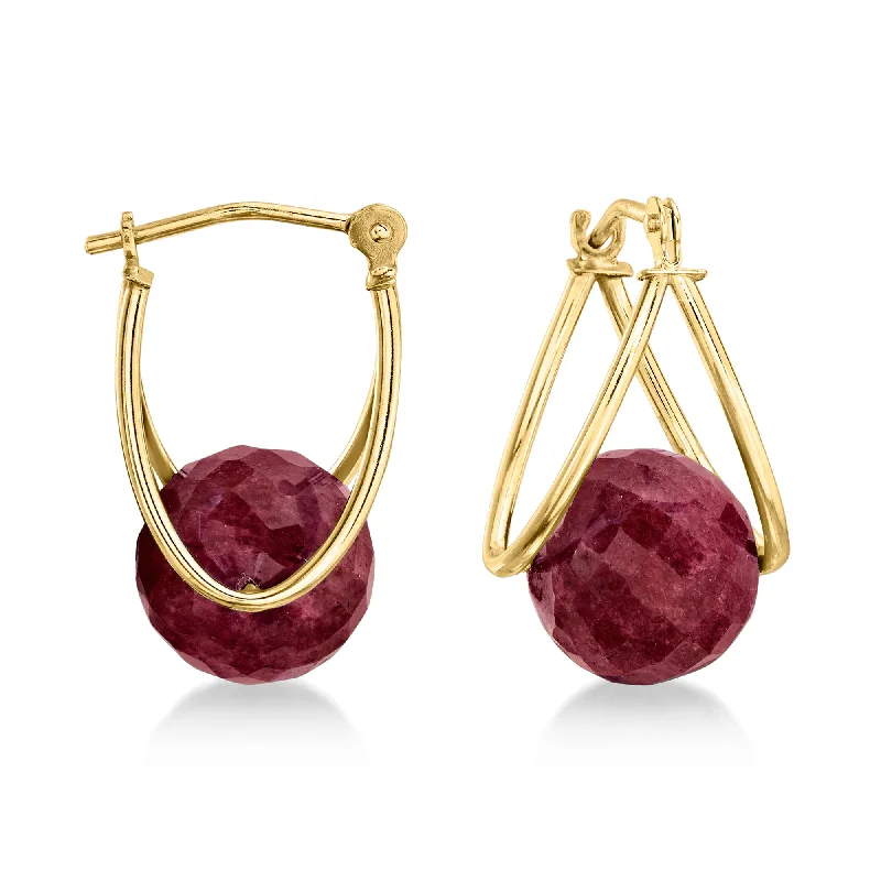 Ross-Simons Ruby Bead Double-Hoop Earrings in 14kt Yellow Gold