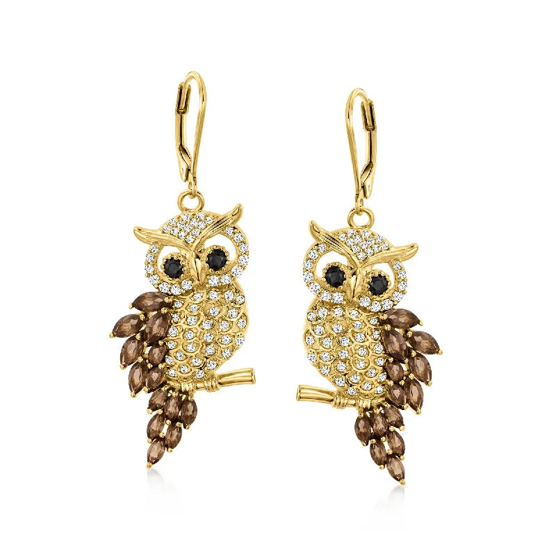 Final Call For Exquisite Jewelry At Reduced Rates Ross-Simons Smoky Quartz, White Zircon and . Black Spinel Owl Drop Earrings in 18kt Gold Over Sterling