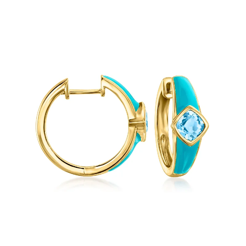 Buy More, Save More On Stunning Jewelry Pieces Ross-Simons Swiss Blue Topaz and Blue Enamel Hoop Earrings in 18kt Gold Over Sterling Buy More, Save More On Stunning Jewelry Pieces Ross-Simons Swiss Blue Topaz and Blue Enamel Hoop Earrings in 18kt Gold Over Sterling