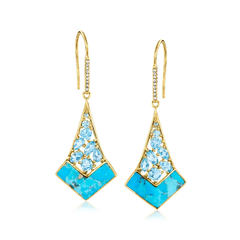 Ross-Simons Swiss Blue Topaz and Turquoise Drop Earrings With White Topaz Accents in 18kt Gold Over Sterling