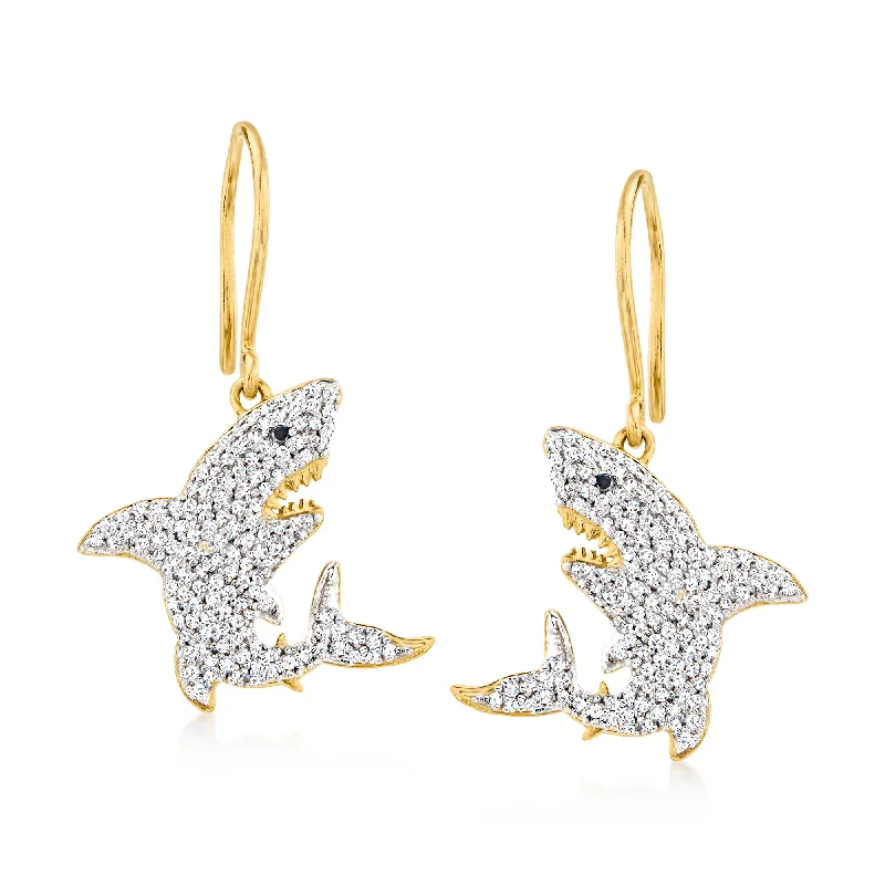 Ross-Simons White and Black Diamond Shark Drop Earrings in 18kt Gold Over Sterling