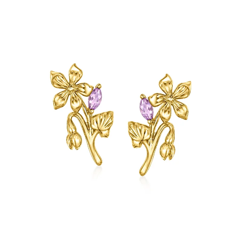 RS Pure by Ross-Simons Amethyst Violet Flower Earrings in 14kt Yellow Gold