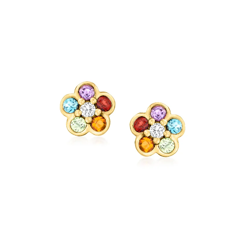 Handmade Pearl Jewelry For Timeless Elegance RS Pure by Ross-Simons Multi-Gemstone Flower Earrings With Diamond Accents in 14kt Yellow Gold Handmade Pearl Jewelry For Timeless Elegance RS Pure by Ross-Simons Multi-Gemstone Flower Earrings With Diamond Accents in 14kt Yellow Gold