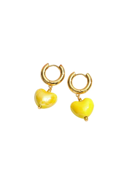 Yellow Ceramic Heart Dangle Earrings