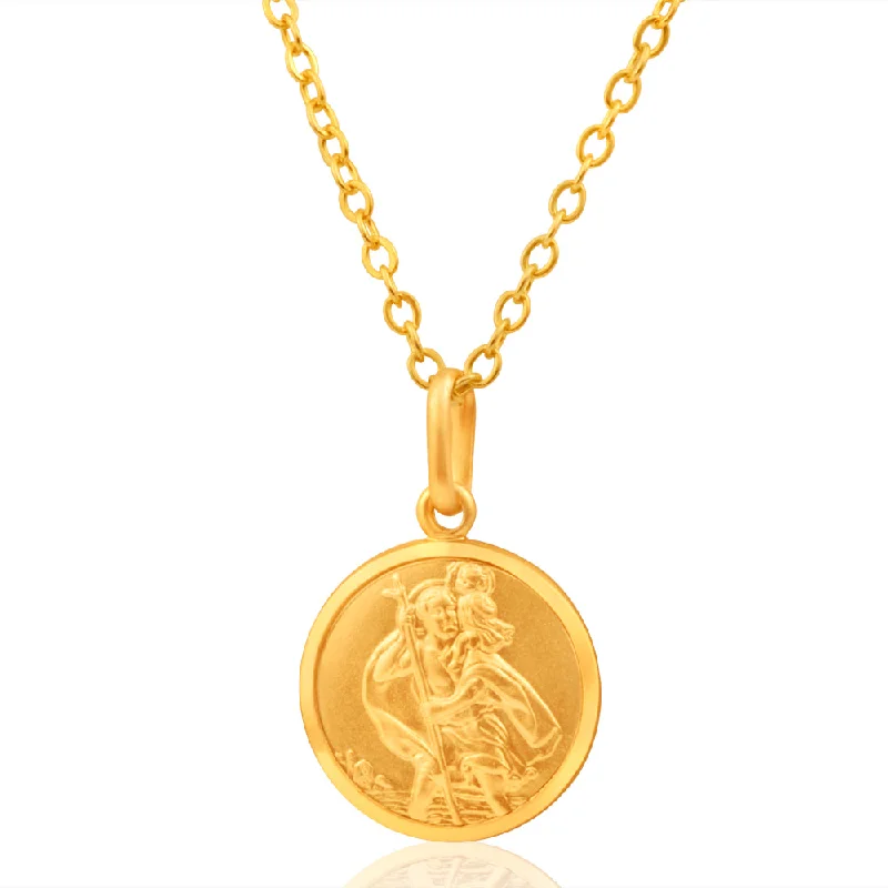 Jewelry Clearance – Final Chance To Save Big 9ct Yellow Gold 14mm St Christopher Round Pendant Jewelry Clearance – Final Chance To Save Big 9ct Yellow Gold 14mm St Christopher Round Pendant