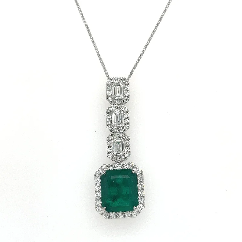 Bremer Jewelry 18K White Gold Emerald Shape Emerald and Diamonds Drop Pendant with a 18K White Gold Rope Chain (6.24ctw)