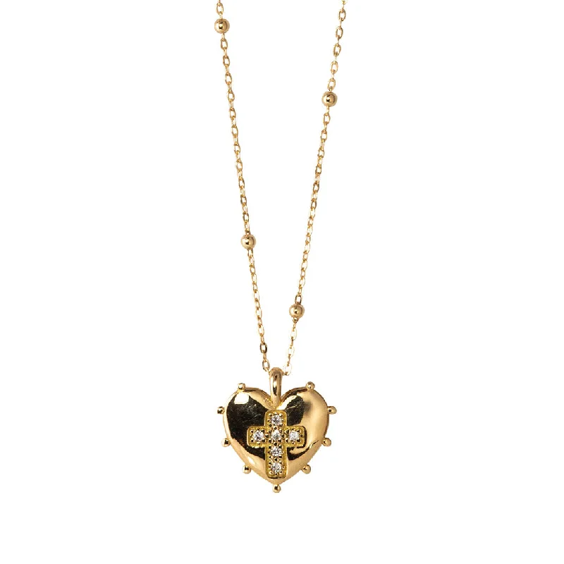 Diamond Cross Heart 18K Gold Pendant Satellite Necklace