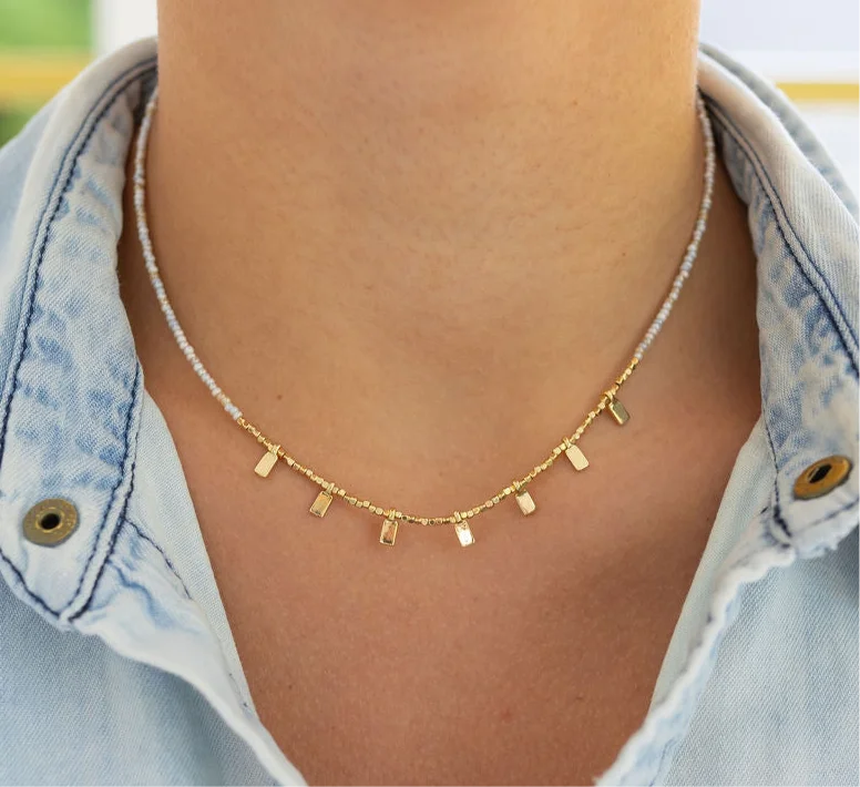 Affordable Elegance – Special Jewelry Sale Now Live Tiny Rectangle Gold and Cream Beaded Necklace