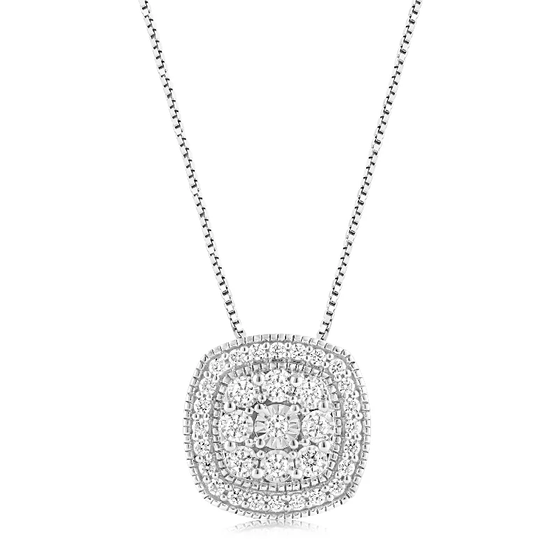 Luxury Jewelry Without The Luxury Price Tag Sterling Silver 0.45 Carat Diamond Cushion Cluster Pendant with Round Brilliant Cut Diamonds on 45cm Chain Luxury Jewelry Without The Luxury Price Tag Sterling Silver 0.45 Carat Diamond Cushion Cluster Pendant with Round Brilliant Cut Diamonds on 45cm Chain