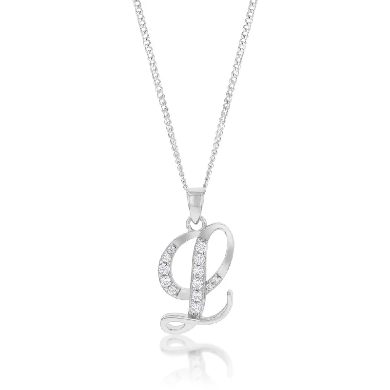 Affordable Glamour – Premium Jewelry For Less Sterling Silver Rhodium Plated Cubic Zirconia Script "L" Initial Pendant Affordable Glamour – Premium Jewelry For Less Sterling Silver Rhodium Plated Cubic Zirconia Script "L" Initial Pendant