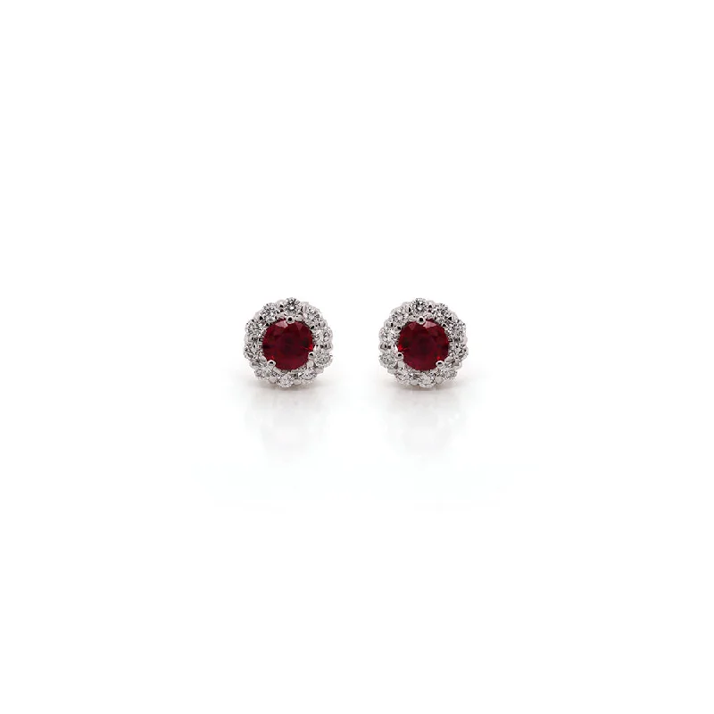 Personalized Jewelry Sale – Meaningful Gifts At Great Prices 18k White Gold Round Ruby Stud Earrings with Diamond Halo Personalized Jewelry Sale – Meaningful Gifts At Great Prices 18k White Gold Round Ruby Stud Earrings with Diamond Halo