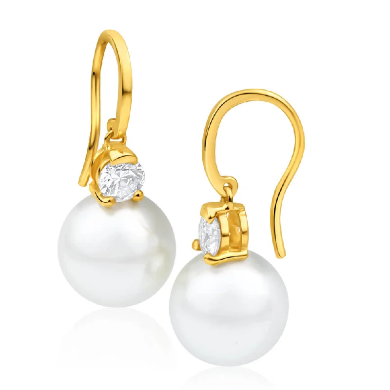 Handmade Pearl Jewelry For Timeless Elegance 9ct Charming Yellow Gold Simulated Pearl and Cubic Zirconia Drop Earrings Handmade Pearl Jewelry For Timeless Elegance 9ct Charming Yellow Gold Simulated Pearl and Cubic Zirconia Drop Earrings