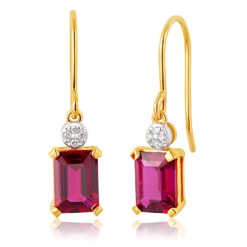 Handcrafted Beauty At Affordable Prices 9ct Yellow Gold Created Ruby 7x5mm and Diamond Drop Earrings Handcrafted Beauty At Affordable Prices 9ct Yellow Gold Created Ruby 7x5mm and Diamond Drop Earrings