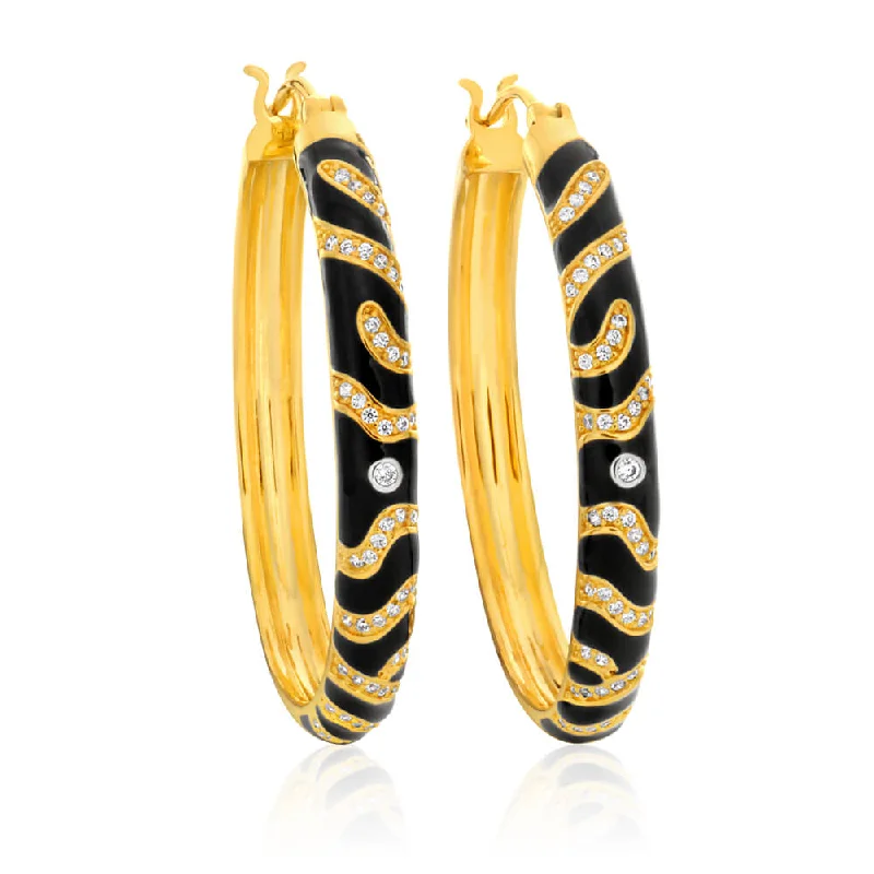 Affordable Gold-Plated Jewelry For Modern Fashion Gold Plated Cubic Zirconia and Black Enamel Hoop Earrings Affordable Gold-Plated Jewelry For Modern Fashion Gold Plated Cubic Zirconia and Black Enamel Hoop Earrings