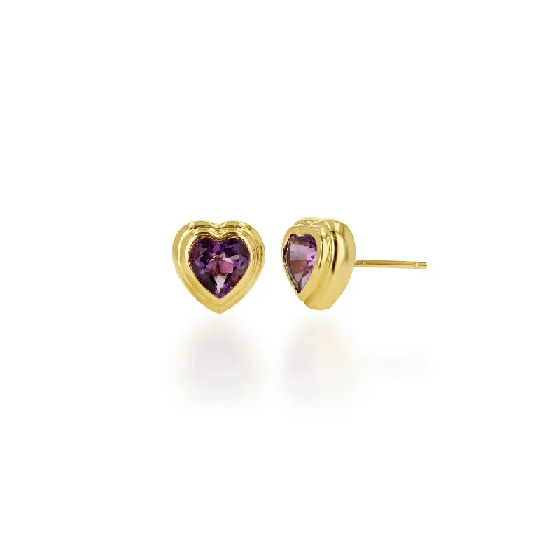 Romantic Heart-Shaped Jewelry For Special Gifts Rachel Reid 14k Double Bezel Amethyst Heart Stud Earrings Romantic Heart-Shaped Jewelry For Special Gifts Rachel Reid 14k Double Bezel Amethyst Heart Stud Earrings