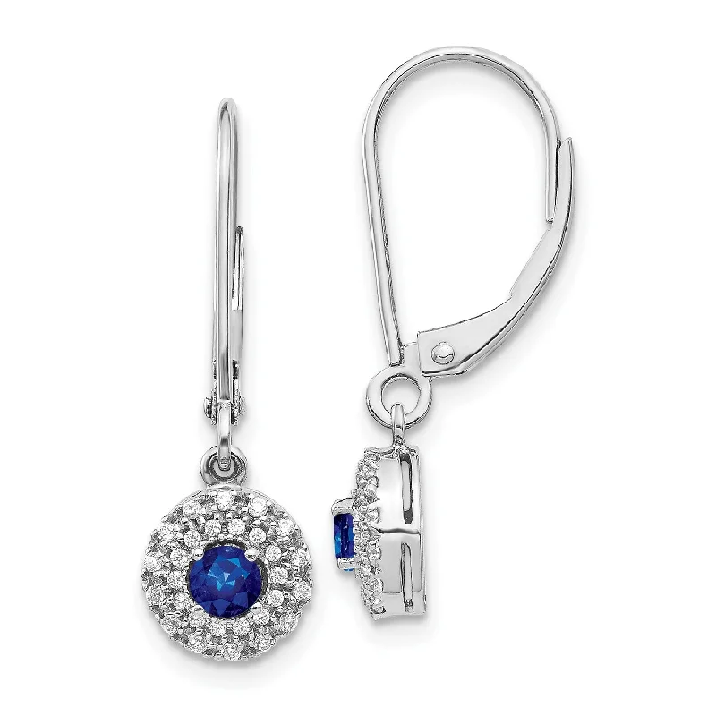Timeless Elegance At Unbelievable Discounts Round Sapphire and Diamond Halo Leverback Earrings in 14KT White Gold Timeless Elegance At Unbelievable Discounts Round Sapphire and Diamond Halo Leverback Earrings in 14KT White Gold