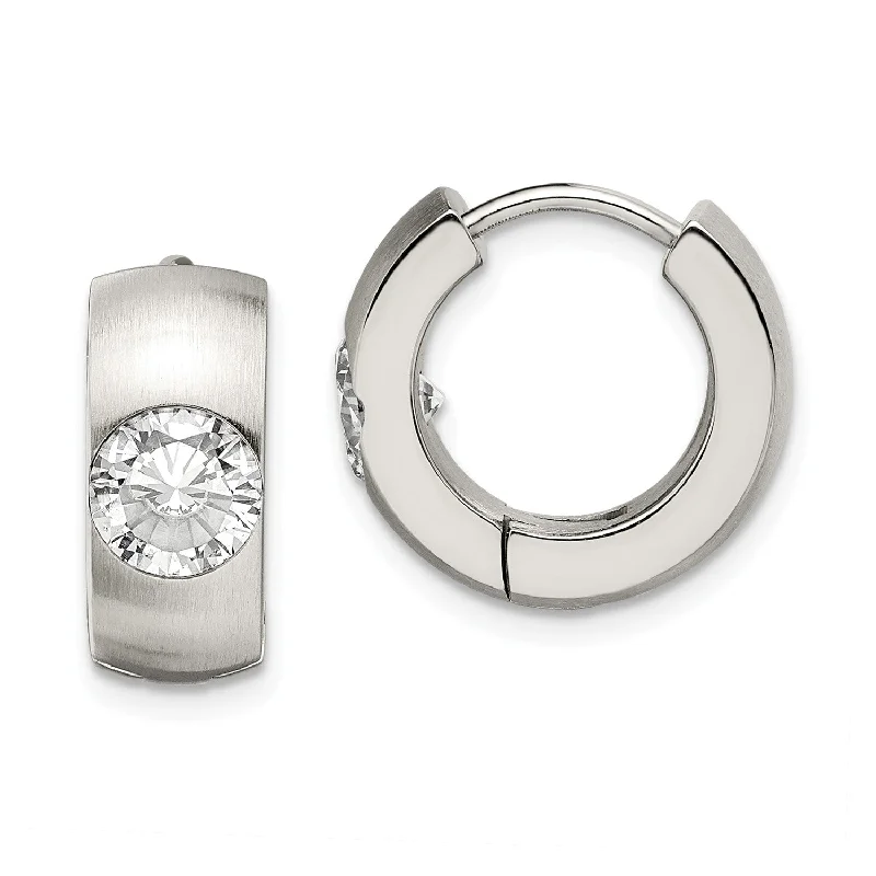 Shop High-Quality Jewelry At Jaw-Dropping Discounts Stainless Steel CZ Brushed & Polished Round Hinged Hoop Earrings Shop High-Quality Jewelry At Jaw-Dropping Discounts Stainless Steel CZ Brushed & Polished Round Hinged Hoop Earrings