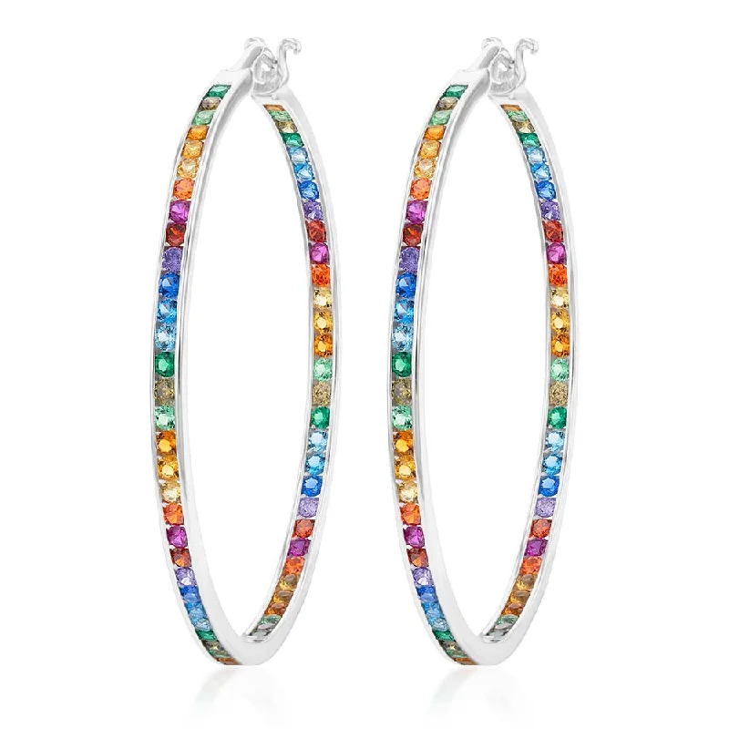 Eco-Friendly Sustainable Jewelry For Conscious Buyers Sterling Silver Multicolour Rainbow Cubic Zirconia 50mm Hoop Earrings Eco-Friendly Sustainable Jewelry For Conscious Buyers Sterling Silver Multicolour Rainbow Cubic Zirconia 50mm Hoop Earrings
