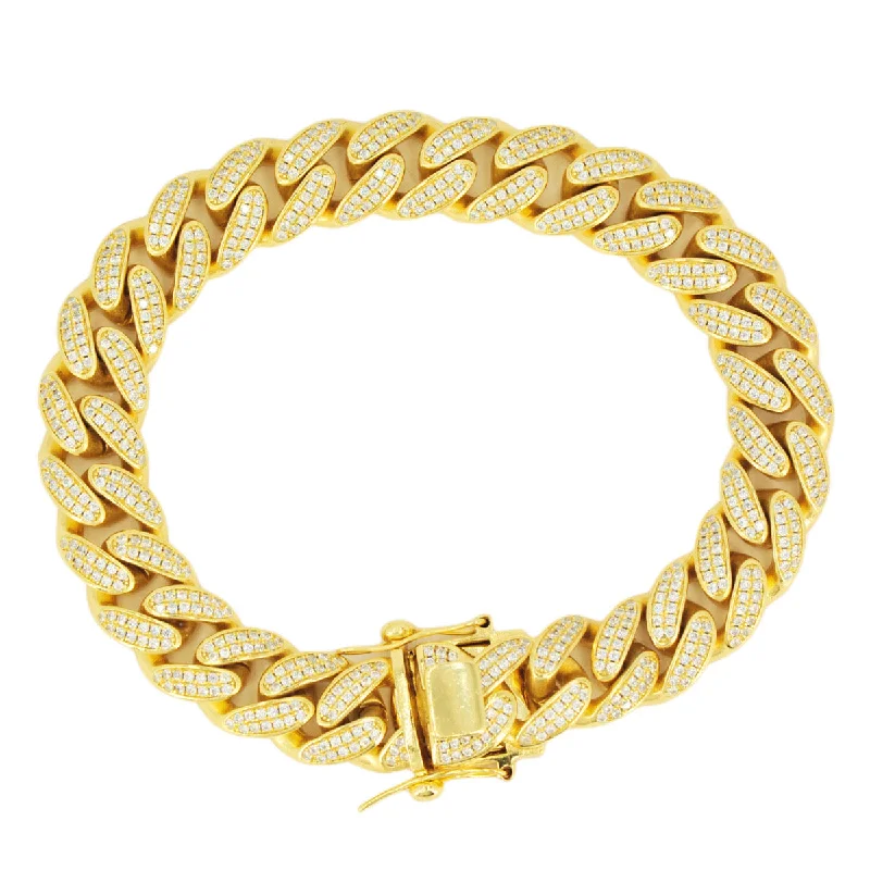 Personalized Engraved Jewelry For Meaningful Gifts 12mm Silver and CZ Solid Cuban Bracelet 8.5” - Gold Plated