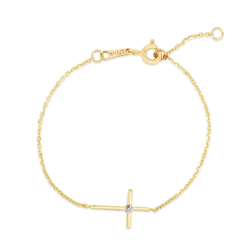 Limited Stock On Premium Jewelry At Low Prices 14K Gold CZ Side Cross Bracelet 5.5" Limited Stock On Premium Jewelry At Low Prices 14K Gold CZ Side Cross Bracelet 5.5"