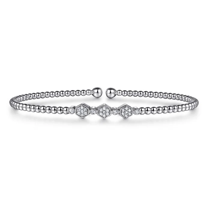 Handcrafted Jewelry Sale – Unique Designs At Low Prices 14K White Gold Bujukan Bead and Hexagon Cluster Diamond Bangle