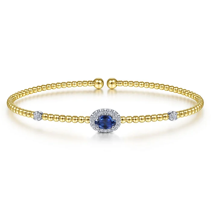 Modern Statement Jewelry For Bold Styling 14K White-Yellow Gold Bujukan Bead Cuff Bracelet with Sapphire and Diamond Halo Station Modern Statement Jewelry For Bold Styling 14K White-Yellow Gold Bujukan Bead Cuff Bracelet with Sapphire and Diamond Halo Station