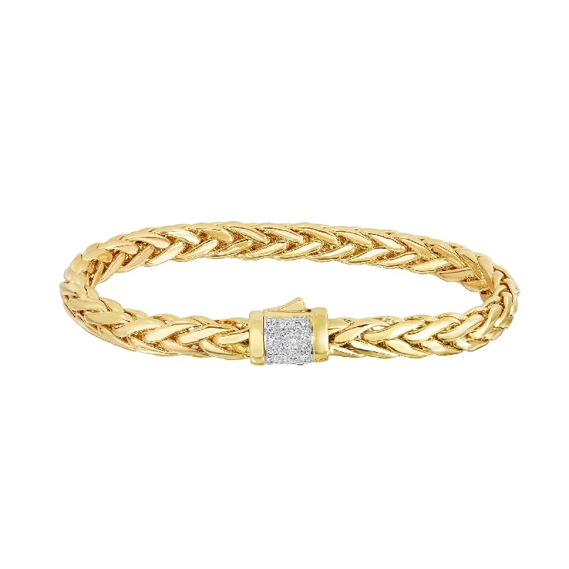 Classic And Modern Jewelry Styles On Sale 14kt 7.5 inches Yellow Gold Shiny Finish Fancy Woven Braided Bracelet with Box Clasp+0.18ct. Diamond Classic And Modern Jewelry Styles On Sale 14kt 7.5 inches Yellow Gold Shiny Finish Fancy Woven Braided Bracelet with Box Clasp+0.18ct. Diamond