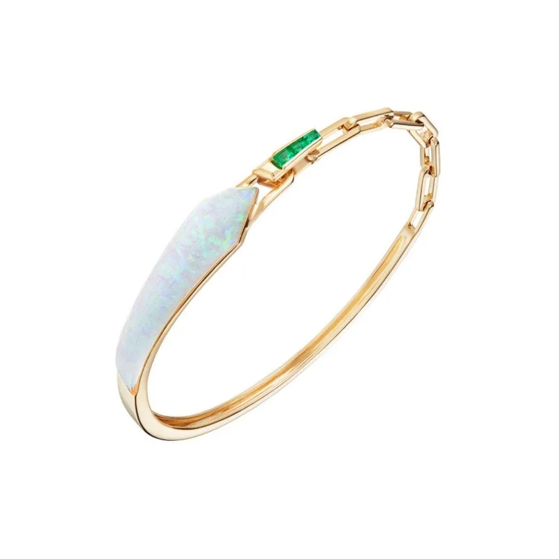 Clearance Sale On High-End Jewelry Collections Crystal Haze Shard Slimline Linked Bracelet in White Opalescent with Emeralds Clearance Sale On High-End Jewelry Collections Crystal Haze Shard Slimline Linked Bracelet in White Opalescent with Emeralds