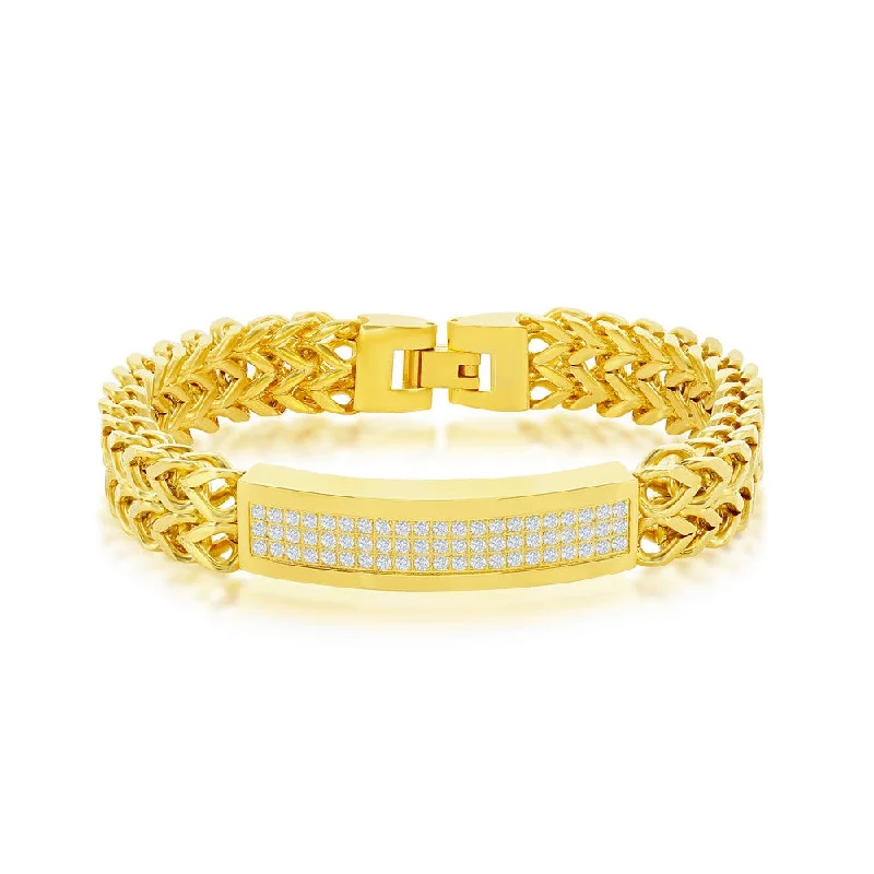 Exclusive Jewelry Sale – Limited-Time Discounts Stainless Steel Triple Row CZ ID Double Franco Bracelet - Gold Plated