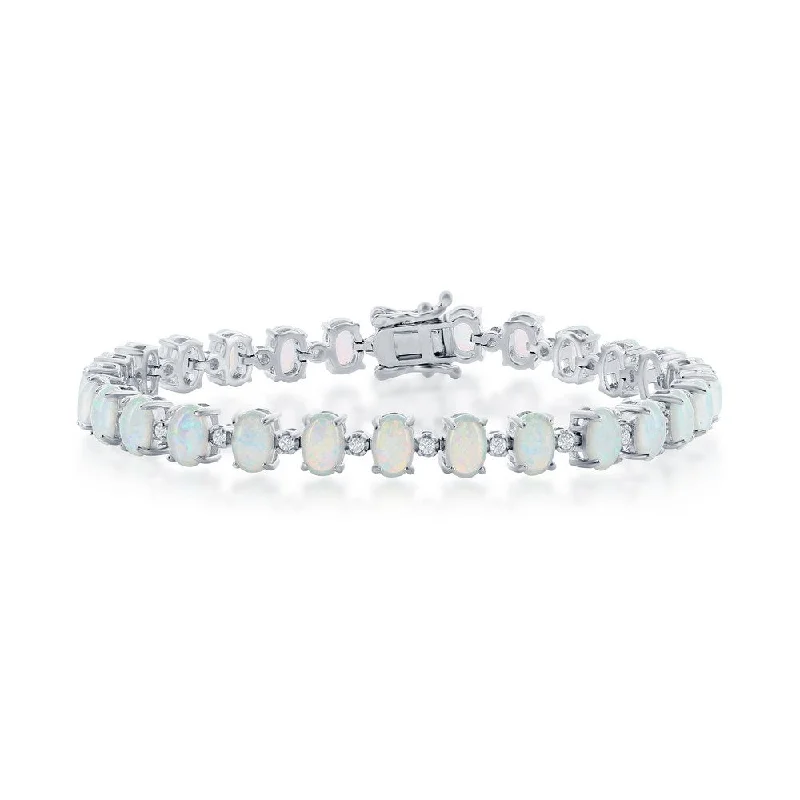 High-Quality Gemstone Jewelry For Special Occasions Sterling Silver Alternating Oval White Opal & Small CZ Tennis Bracelet