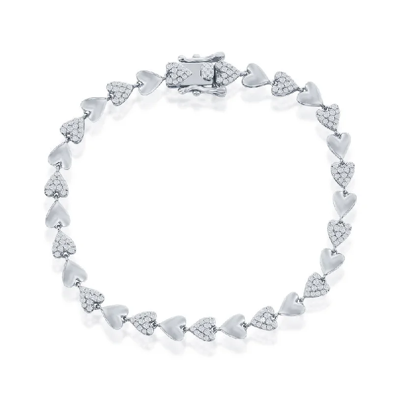 Luxury Handcrafted Jewelry For Elegant Looks Sterling Silver Alternating Polished & Micro Pave CZ Heart Bracelet