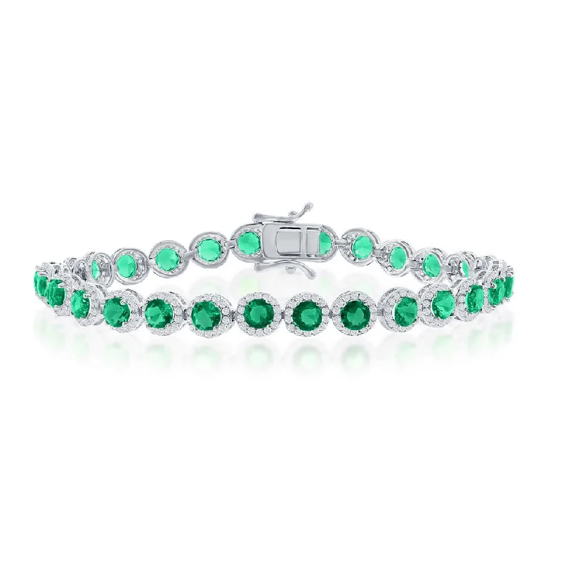 Affordable Glamour – Premium Jewelry For Less Sterling Silver Round Halo White & Emerald CZ Linked Bracelet