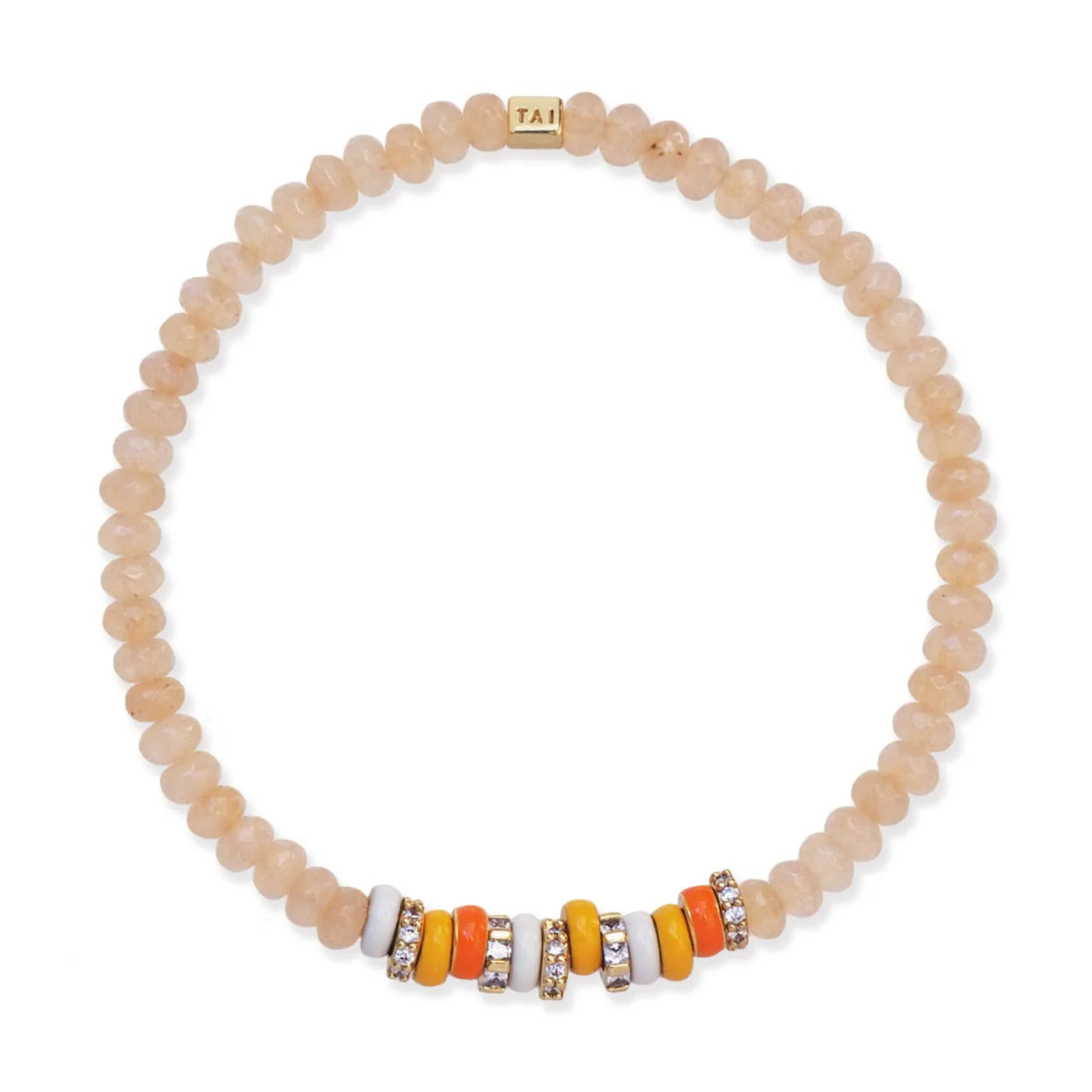 TAI Semi-Precious Stretch Bracelet with Colored and CZ Rondelles - Peach Moonstone