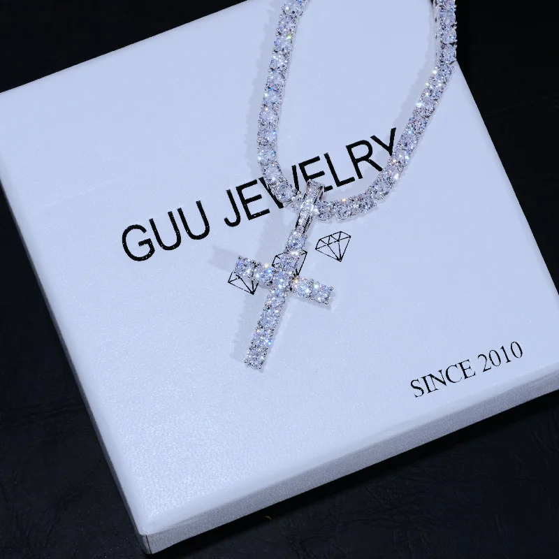 Customized Silver Jewelry For Unique Style Bundle White Gold Diamond Cross + 4mm Diamond Tennis Chain